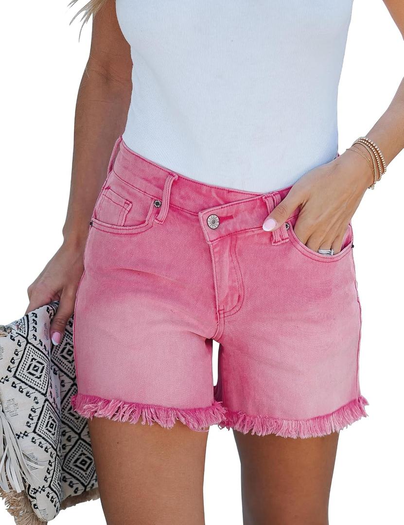 luvamia Jean Shorts for Women Mid Rise Trendy Stretchy Crossover Waist Denim Shorts Raw Hem Casual Summer Pockets, M