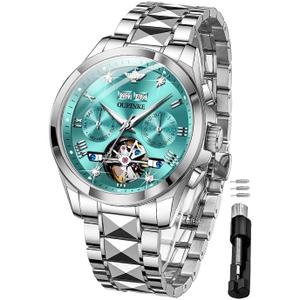 OUPINKE Watches for Men Automatic Skeleton Self Winding Dress Wrist WatchBusiness Waterproof Luminous Tungsten (Blue-DFN)