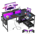 ODK 48 Inch Gaming Desk with USB Charging Ports and LED Lights, Reversible L Shaped Computer Desk with Storage Shelves & Monitor Stand, Corner Gamer Desk Table with Power Outlets, Black