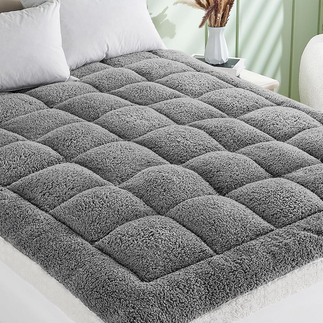 Cymula Pillow Top Mattress Topper Queen, Thick Queen Size Mattress Topper for Back Pain Sherpa Mattress Pillow Top Pad with Plush Fluffy Down Alternative Mattress Cover with 8-21" Deep Pocket, Grey