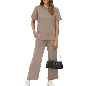 XIEERDUO Plus Size Lounge Set for Women Two Piece Airport Travel Outfits Fashion Wide Leg Pants Matching Loungewear Sets Women's Summer Sweat Suit Khaki 3XL