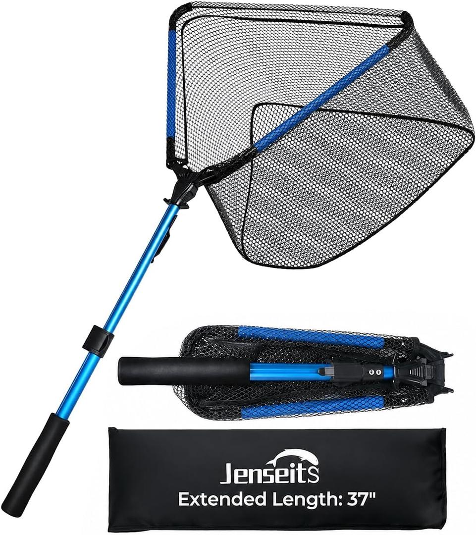 Jenseits Foldable Fishing Landing Net, Telescopic Aluminum Handle，Blue | Rubber-Coated Mesh, EVA Floating Frame, Ultralight Extendable Design for Kayak, Boat, Bass & Trout Fishing，Great Gift for Men, 17.3"-28.7"- 37"