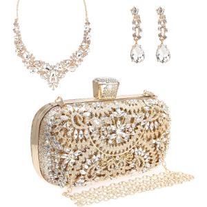 Womens Sparkly Rhinestone Crystal Clutch Bag Glitter Sequin Bridal Purse Evening Handbag for Wedding Party Prom (Full Gold With Necklace)