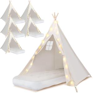 6 Pack Teepee Tent for Kids [Thickened] with Light String and Inflatable Airbed, Slumber Party Tents, Sleepover Tents Party for Girls Boys Indoor Outdoor (White)