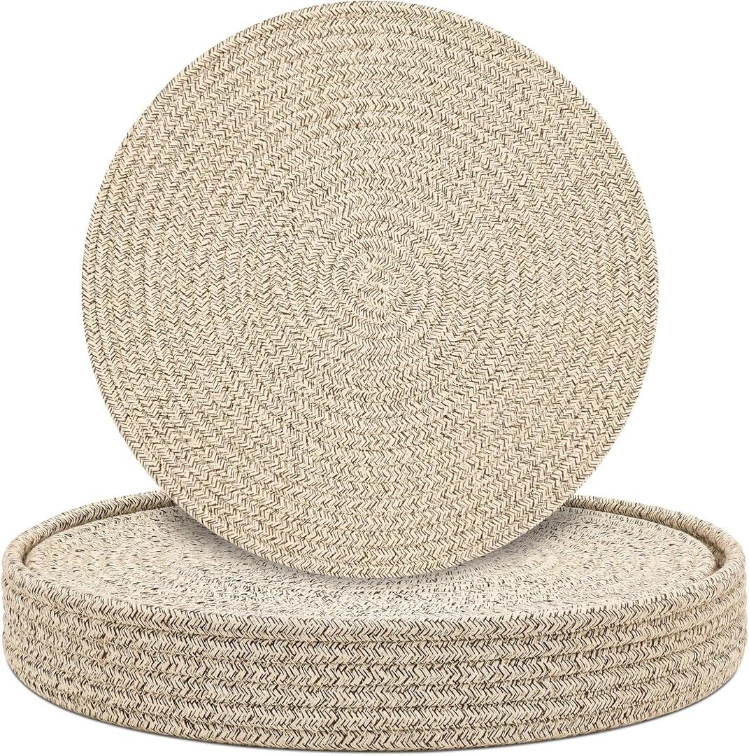 Round Placemats Set of 6 with Holder, Cotton Rope Woven Place Mats, Hot Pads for Kitchen, Heat Resistant Table Mats, 13 Inch Farmhouse Washable Braided Placemat for Kitchen Decor (Brown)