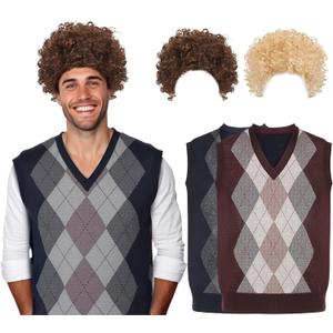 2 Pcs Halloween Cosplay Costume Set Afro Fluffy Wigs Pullover Knitwear Vests for Men Women Cosplay Disco Hippie