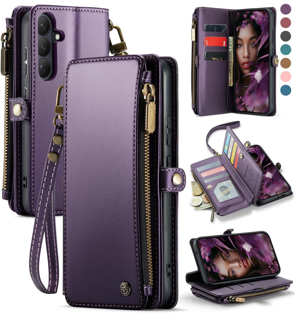 Defencase for Galaxy S26 Case Wallet with RFID Blocking Card Holder for Women, Elegant PU Leather Magnetic Snap Flip Wristlet Strap Zipper Wallet Phone Cases for Samsung Galaxy S26 5G 6.3", Purple