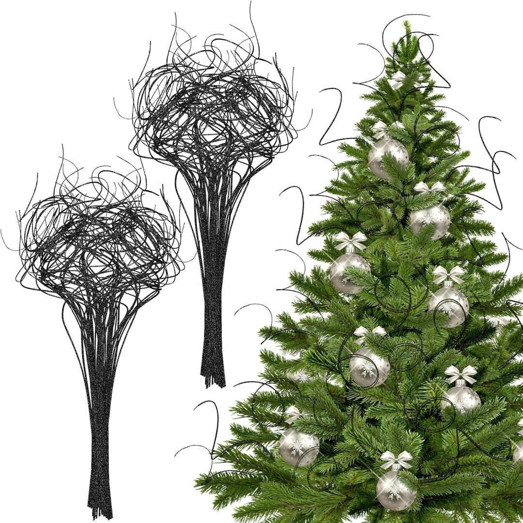 Syhood 60 Stem Black Christmas Curly Ting Ting Branches Xmas Glitter Curly Willow Branches Vase Filler Stems Tree Picks and Sprays for Christmas Decor, Wedding, Holiday and Home