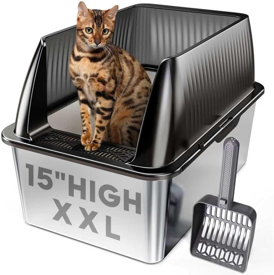 Tripamin 15 XL Stainless Steel Cat Litter Box Enclosure, XXL Stainless Steel High Sides with Lid, Extra Large Metal Cat Litter Box (Translucent Black, XX-Large)