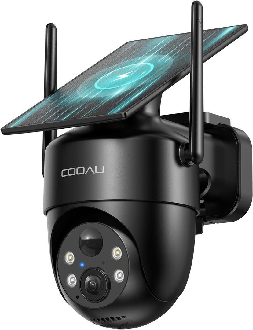 COOAU Solar Security Cameras Wireless Outdoor  Low-Light Rechargeable, Easy to Install, 2K 360 Camera for Home Security, Surveillance Cam with AI Smart Detection, Color Night Vision, IP66, Alexa (Black)