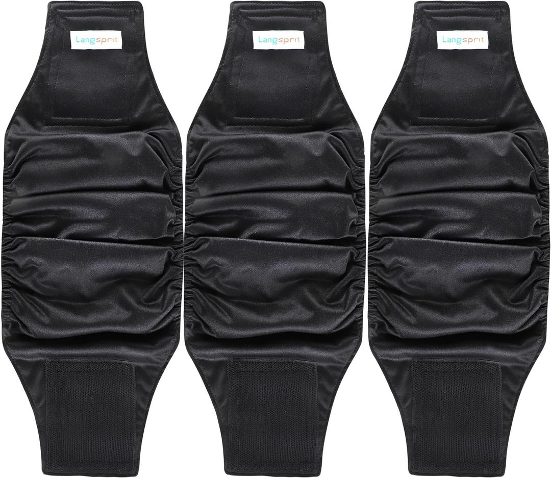 Langsprit Male Belly Bands for Dogs (Pack of 3) - High Absorbing Dog Wraps Male Washable - Reusable Dog Diapers (Black, Medium)