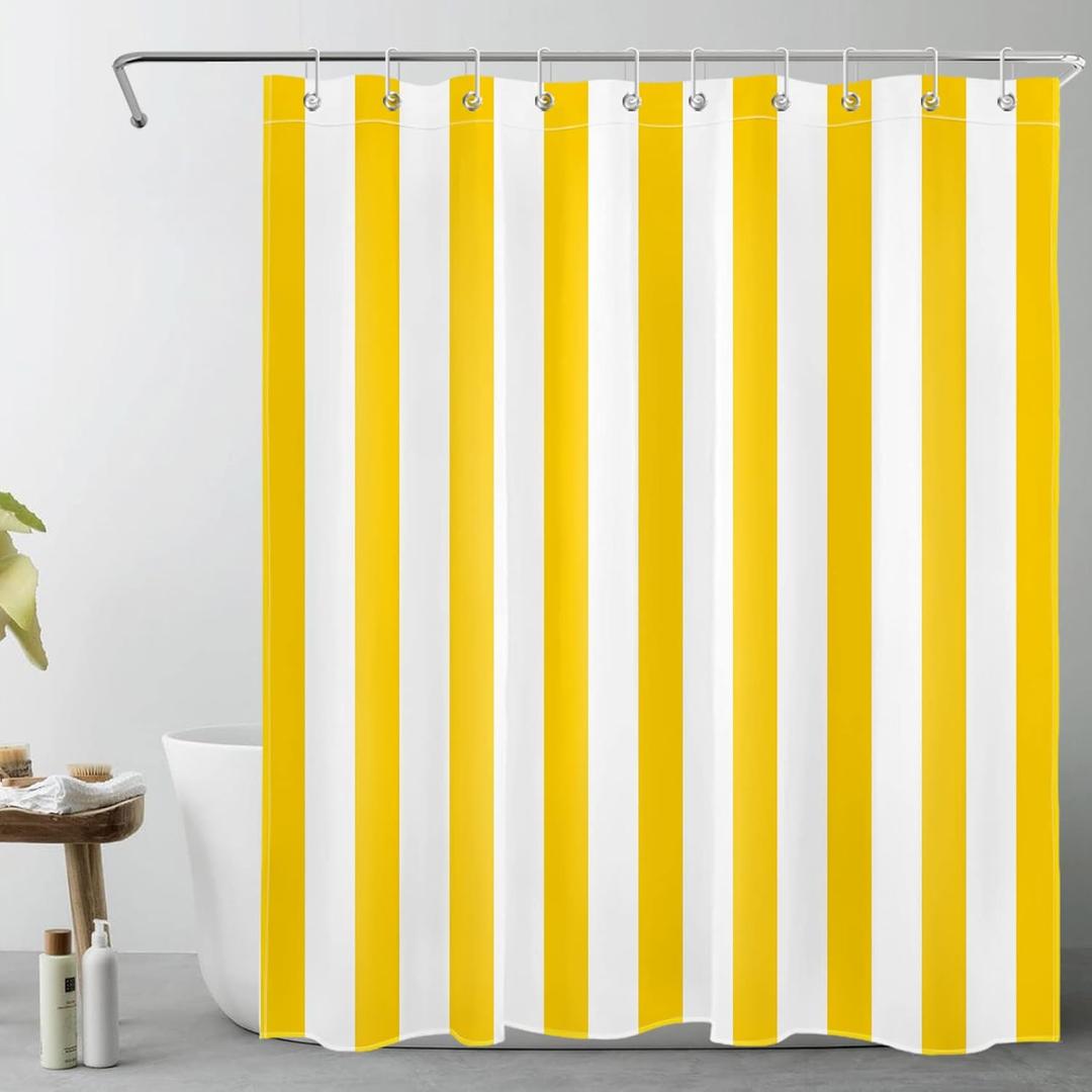 LB Yellow and White Shower Curtain for Bathroom, Modern Striped Bathroom Curtains Geometric Patterns Vertical Stripe Washable Polyester Fabric Bathroom Shower Curtains with Hooks, 60x72 Inch (60"W x 72"L (Pack of 1))