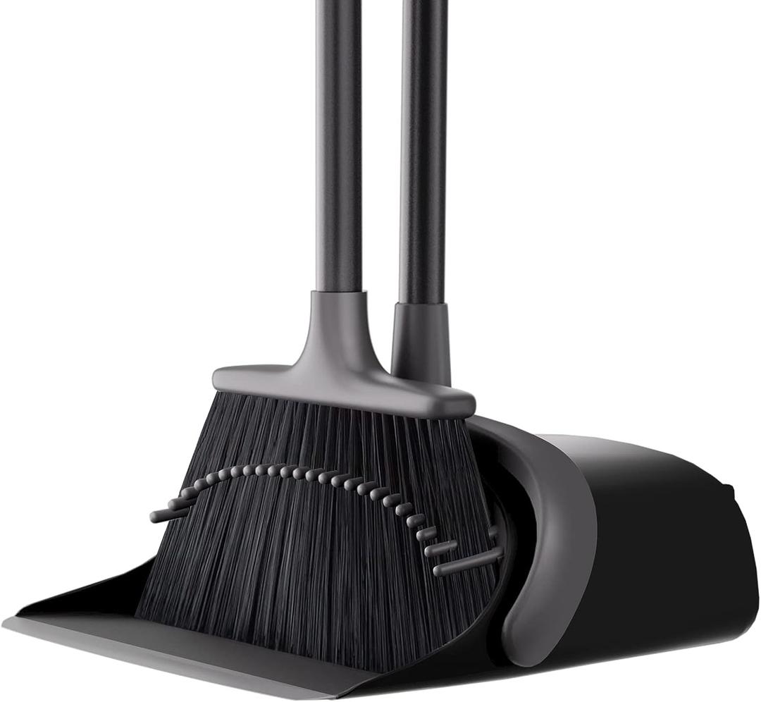 Broom with Dustpan Combo Set, Upgrade 52'' Long Handle Broom and Dustpan Set, Standing Dust pan and Brooms for Home Kitchen Office Lobby Floor, Dust Pan with Built-in Teeth for Easily Removing Hair (Gray)