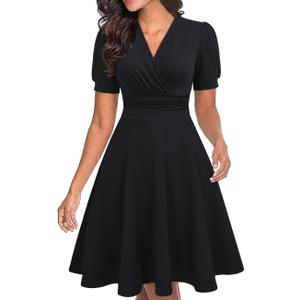Women's Summer Casual Dress Short Sleeve Wrap V-Neck A-Line Dress Sundress Wedding Guest Cocktail Midi Dresses (Black, L)