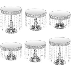 6 Piece Silver Cake Stand Set with Crystal, Mirror Silver Dessert Table Stands Set for Cupcake, Pastry, Round Cake Stands for Wedding Reception, Party(Mirror Silvery)