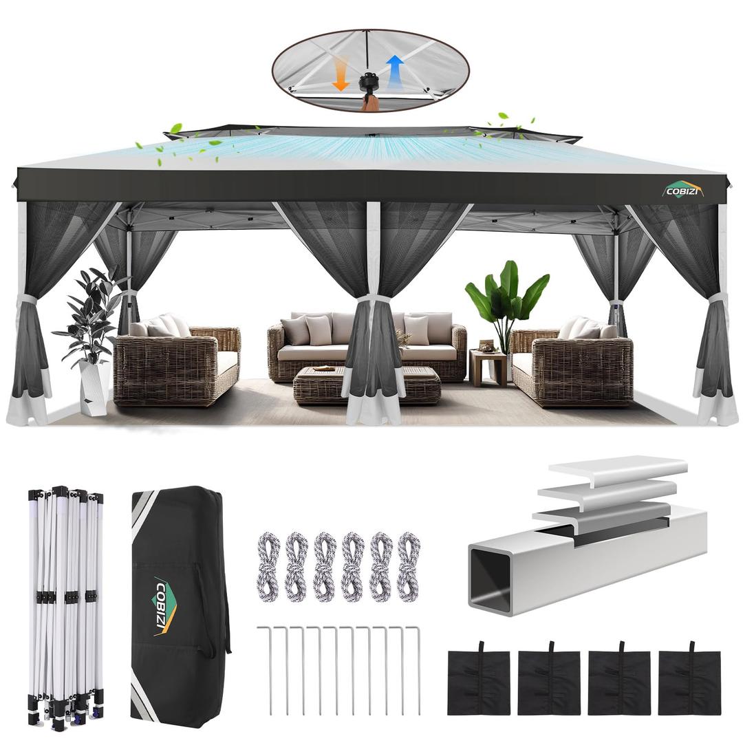 COBIZI 10x10 Pop up Gazebo, One-Push Setup Canopy Tent with Mosquito Netting & Vented Roof Design, Upgrade Metal Easy up Canopy Carpa Outdoor Gazebos for Backyard Camping Deck Beach(White & Gray)
