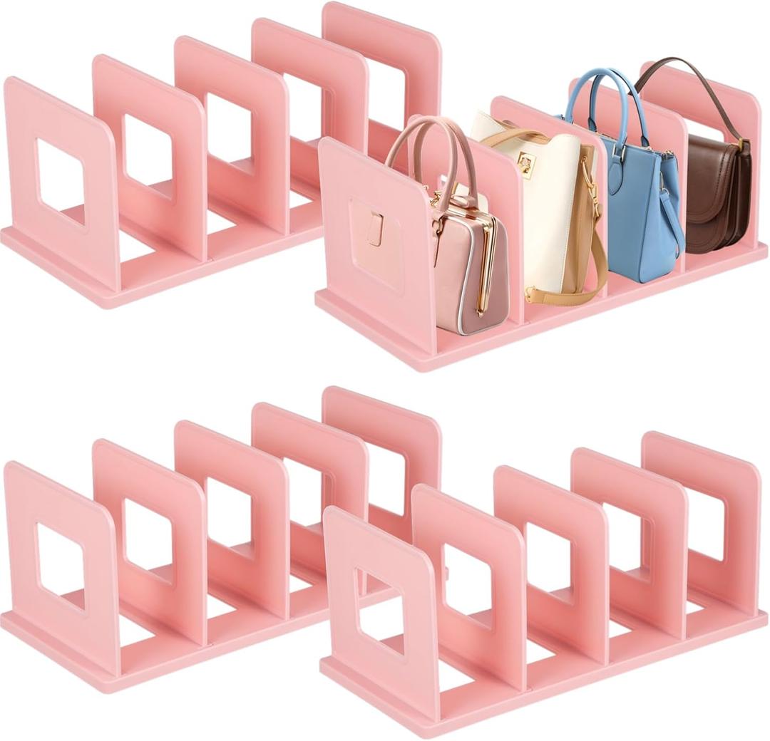 4PCS Purse Organizers, 13.7 x 5.9 x 5.5-Inches,Adjustable Closet Organizer, Handbag Shelf Divider Storage Organizer for 8 Big Handbags/16 Small Handbags（Pink）