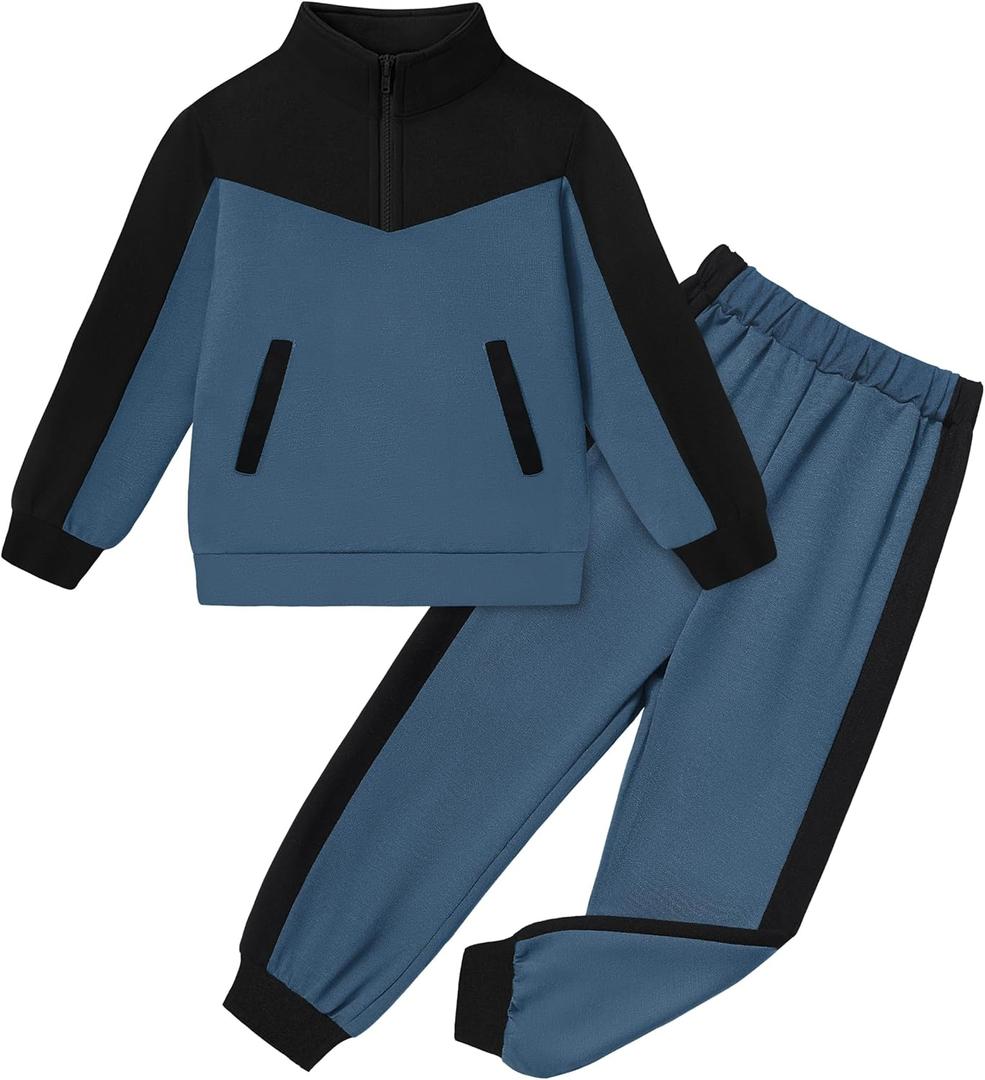 Boys Clothes Solid Color Block Kid Boys' Clothing Sets Stand Collar Half-Zip Sweatsuit 2pcs Outfits with Pocket 6-12y (9-10 Years, Black Blue)