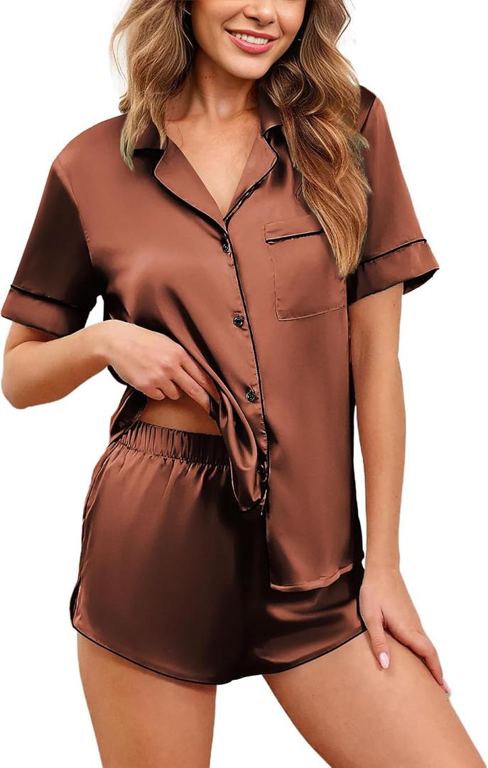 Ekouaer Womens Silk Satin Pajamas Set Short Sleeve Sleepwear Button Down Loungewear 2 Piece Pjs Shorts Set  2XL