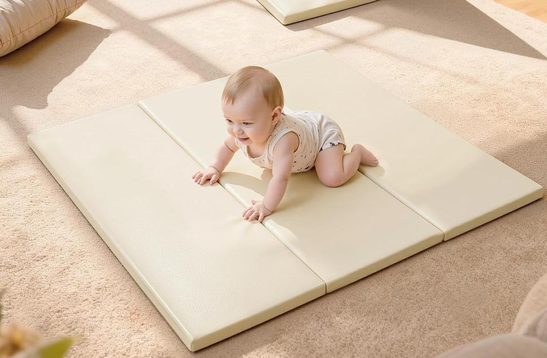 Foam Baby Play Mat: PU Leather Waterproof Kids Playmat - Trifold Floor Mat - Large Play Mat for Playpen Thick Pad Fodable Mattress Soft Toddler Mattress Infant Cushion for Preschool (Beige) 47" x 47"