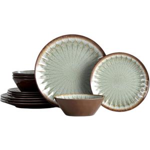 Melamine Dinnerware Sets for 4,12 Pcs Party Plates and Bowls Sets,Outdoor Use Harvest Dinner Dishes Set,Great for RVs Camping,Lightweight Unbreakable,Dishwasher Safe,Sage Green