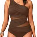 Aqua Eve Women Mesh One Piece Swimsuit - Tummy Control One Shoulder Bathing Suit Cut Out Swimwear 2025 (Small, Brown)