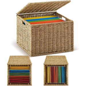 Jingmore Decorative File Storage Box with Lid, Seagrass Hanging File Organizer for Letter & Legal Size Files, Collapsible Document Storage Box for Office Home Desk Organization