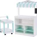 Teamson Kids My Dream Bakery Shop Dessert Stand and Rolling Pastry Cart Interactive Wooden Play Set with 18 Pretend Baked Goods, White and Mint Green with Gray Polka Dot Accents