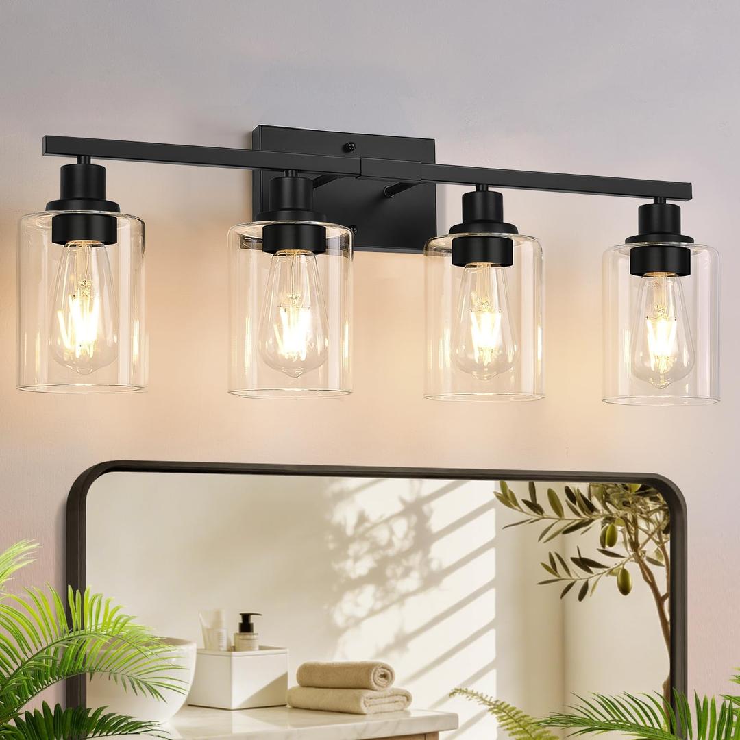 4-Light Bathroom Light Fixtures, Vanity Light with Clear Glass Shades, Matte Black Bathroom Light Fixtures Over Mirror, Modern Bathroom Wall Lamp for Mirror Living Room Cabinet Bedroom