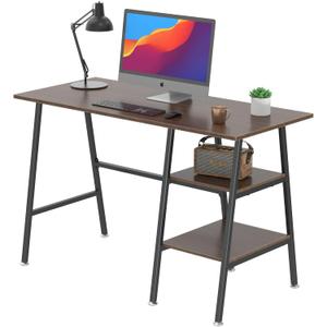 VECELO 43 Inch Computer Desk Writing Study Work Office Table Modern Desk with Shelves Wooden Desk for Home Bedroom, Brown Desk