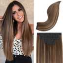REECHO Clip in Hair Extensions, Hair Extensions Thick Long Lace Weft Lightweight Synthetic Hairpieces for Women (24 Inch-240 Gram(Pack of 5), Medium Brown with Blonde Highlights)