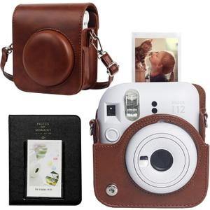 CAIYOULE Protective Camera Case for Instax Mini 12 Instant Camera Fuji Mini 12 Case PU Leather Carrying Bag with Adjustable Shoulder Strap & 64 Pockets Photo Album - Brown