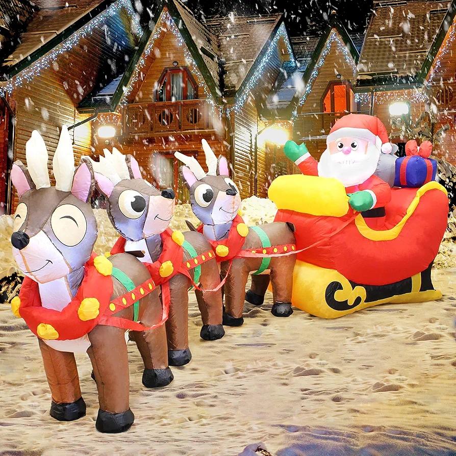 Joiedomi 9.5 Ft Long Christmas Inflatable Santa Santa on Sleigh, Inflatable Santa with Three Reindeer LED Light Up Christmas for Blow Up Yard, Indoor Outdoor Garden Christmas Decoration
