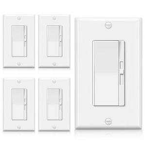 BESTTEN 5 Pack Super Slim Dimmer Light Switch for 300W Dimmable LED/CFL Lights and 600W Incandescent/Halogen, Single Pole/3-Way LED Slide Dimmer, Wall Plate Included, ETL Listed, White