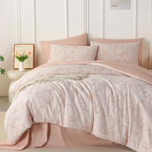 PERFEMET Blush Pink Twin Comforter Set, 5 Pieces Cute Bow Jacquard Girls Bedding Twin Bed in a Bag, Soft All Season Vintage Embossed Bowknot Bedding Comforter Set Boho Bedroom Sets, Twin-5Pcs