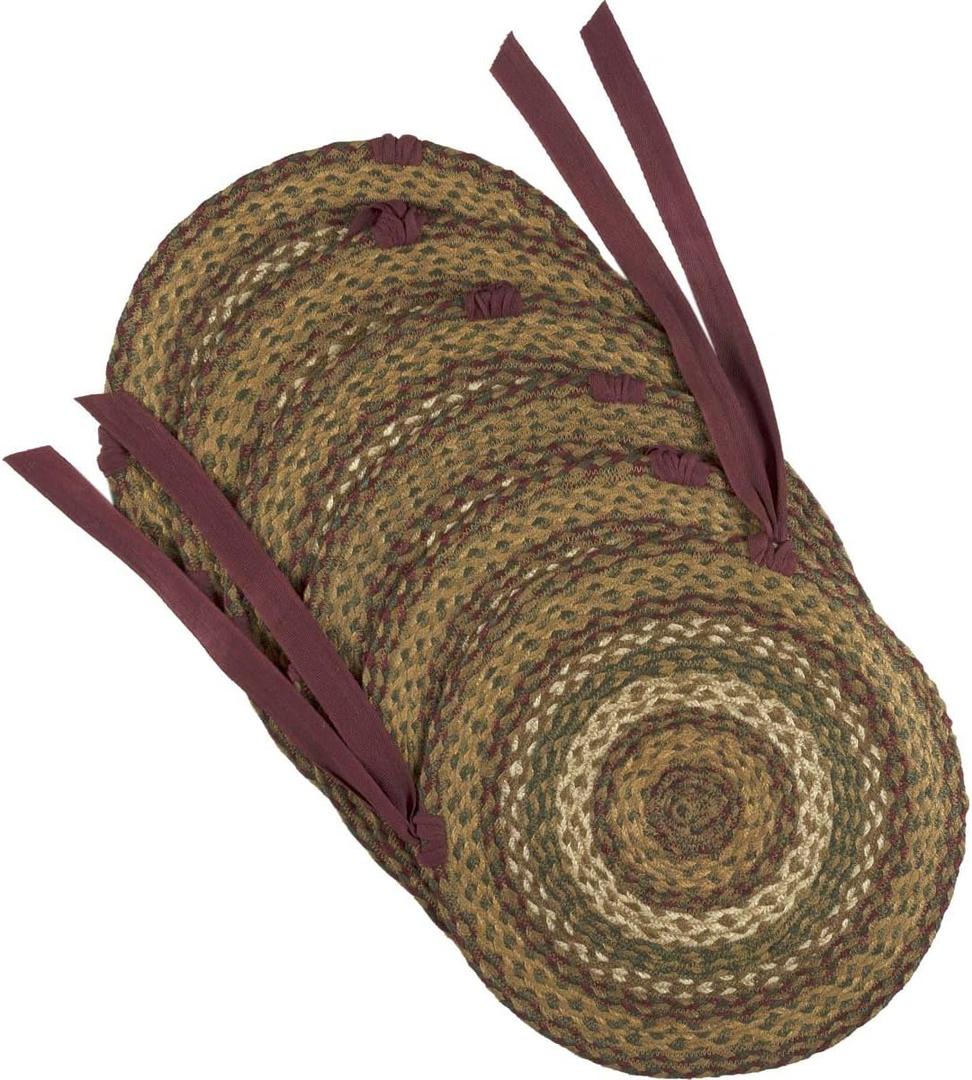 VHC Brands Tea Cabin Rustic Jute Green Textured Striped Round Kitchen Chair Pad Set of 6 15", 6 Count