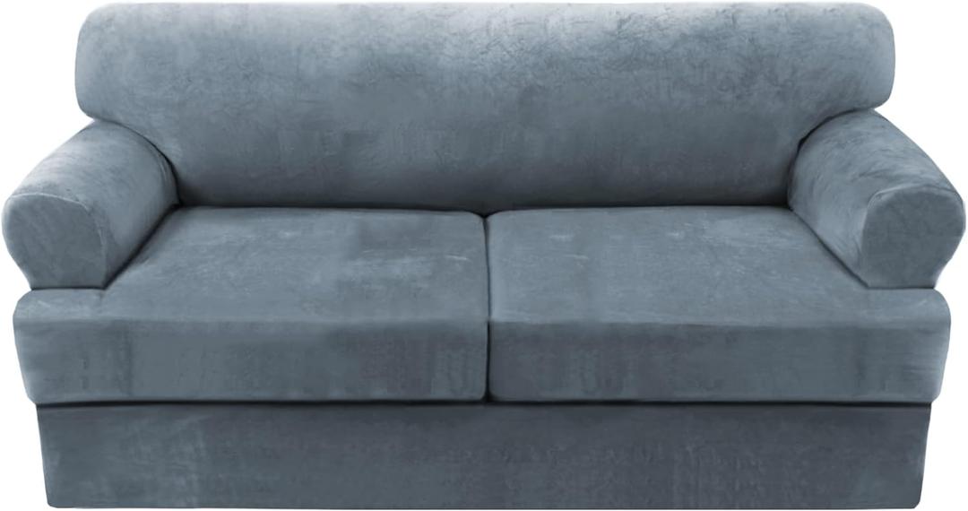 H.VERSAILTEX Sofa Cover 3 Piece Sofa Slipcovers Thick Velvet Couch Cover Furniture Protector Stretch Sofa Covers for 2 Cushion Couch with 2 Individual T Cushion Covers Washable, Stone Blue