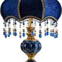 European Style Table Lamp with Fabric Lampshade Hand-Made Antique Varnished Resin Lampbody Victorian Style Table Lamp for Living Room Bedroom(Blue)