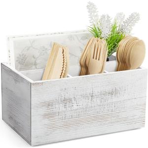 DRASTAR Silverware Caddy, Wooden Utensil Holder, Picnic Cutlery Holder, Whitewashed Silverware Holder, Plastic Silverware Caddy for Party, Countertop, Camping