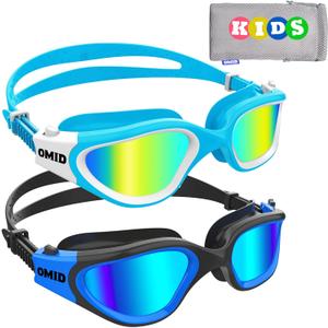 OMID Kids Swim Goggles, P2 Mini 2 Packs Comfortable Polarized Swimming Goggles Age 6-14 (A1-polarized Blue Gold + Polarized Black Blue)