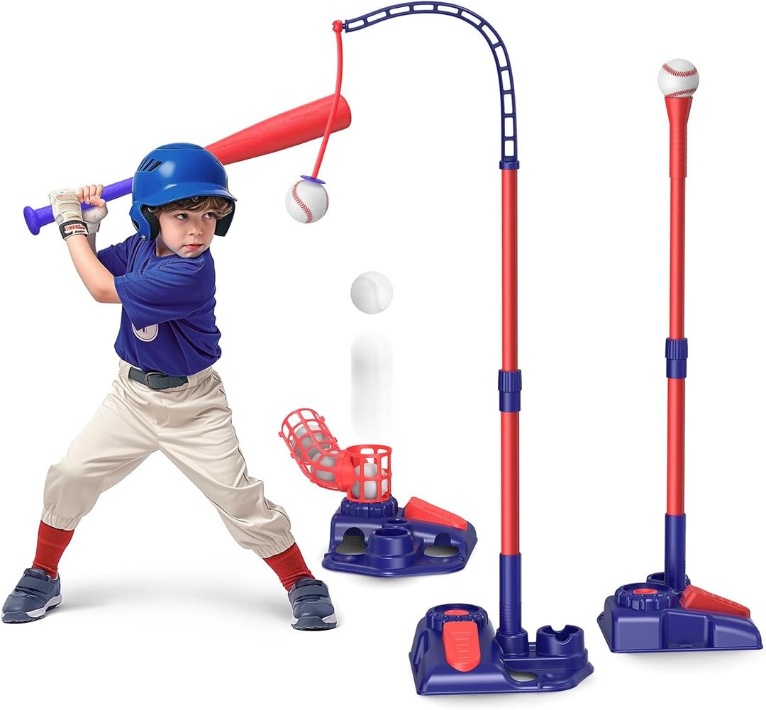 3-in-1 Kids Baseball Set for Ages 3-5/5-8, Batting Tee, Stand Tee, Pitching Machine with 6 Plastic Softballs & Bat, Adjustable Height, Indoor/Outdoor Backyard Sport Games Gifts for Boys & Girls, Blue