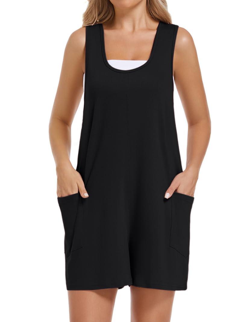 Nfsion Womens Summer Casual Sleeveless Romper Loose Crew Neck Shorts Lounge Overalls Jumpsuit with Pockets Small Black (S)