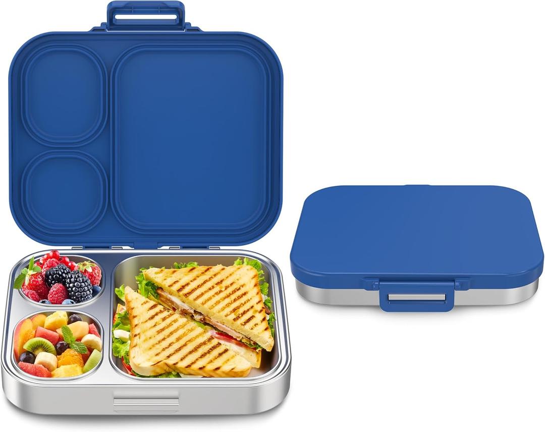 Howeemo Stainless Steel Bento Box Kids, Leak Proof Metal Bento Lunch Box, 3 Compartments 304 Stainless Steel Bento Lunch Containers for School and Office, BPA-Free(Blue)