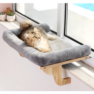 Zakkart Cat Perch for Window Sill with Bolster  Orthopedic Hammock Design with Premium Hardwood & Robust Metal Frame  Cat Window Seat for Large Cats and Kittens  Dark Stained Wood Gray Bed, 24''W