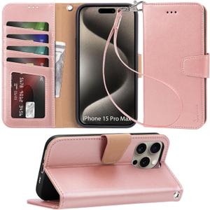 Arae Compatible with iPhone 15 Pro Max Case with Card Holder and Wrist Strap Wallet Flip Cover for iPhone 15 Pro Max 6.7 inch,Rose Gold