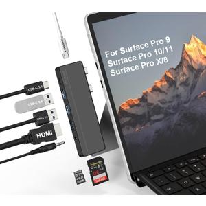 Surface Pro 8/9/X/10/11 Docking Station - Surface Pro 11 USB C Adapter Multiport Hub with 4K HDMI, Thunderbolt 4, USB 3.0, SD/TF Reader, 3.5mm Audio Surface Pro Copilot Accessories
