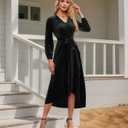 Women's Velvet V Neck Puff Sleeve Dress for Wedding Guest Cocktail Elegant Bodycon Party Midi Dress (Black, XL)