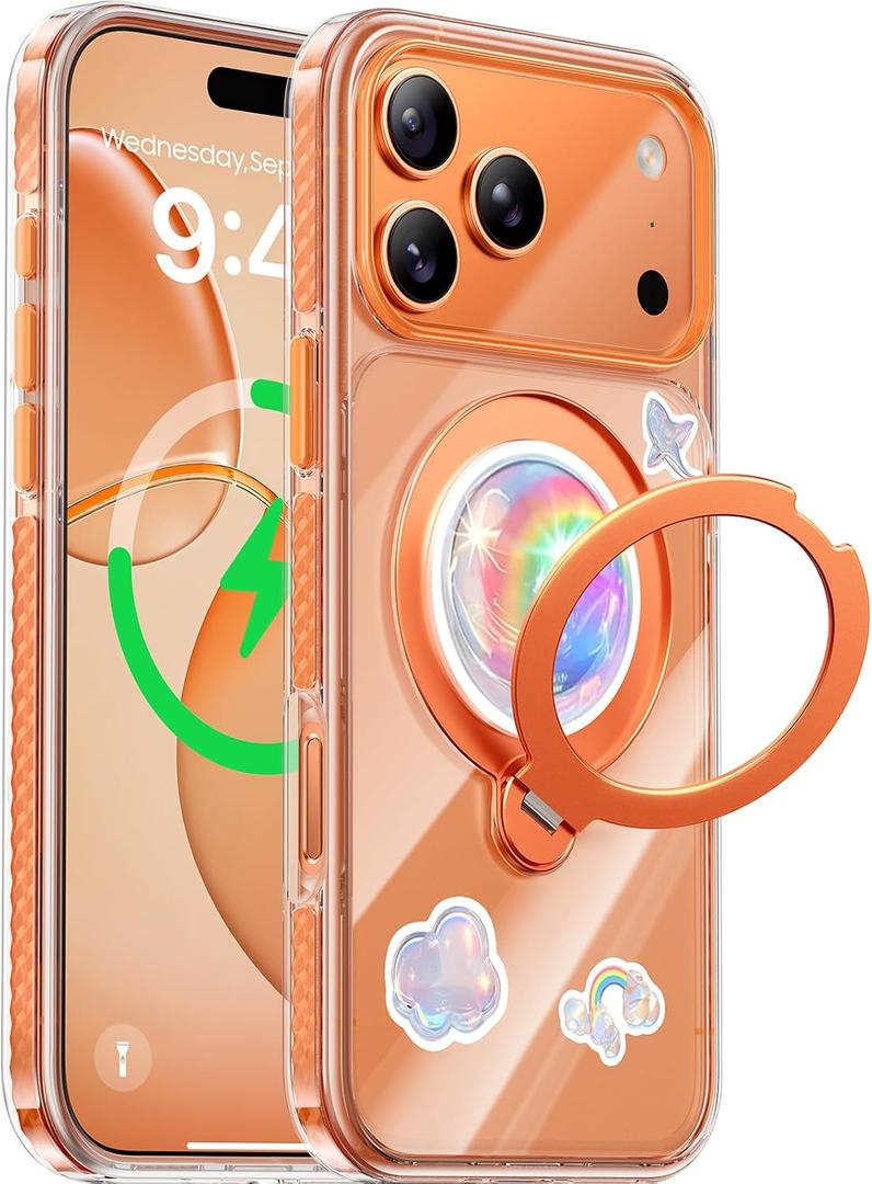 Summer Series 360 Spin Stand for iPhone 17 Pro Case (Compatible with MagSafe) [Military Drop Protection] Magnetic Clear Shockproof Protective for 17 Pro Phone Case 6.3'', Cosmic Orange