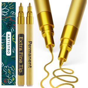 ARTISTRO 2 Gold Permanent Marker - Waterproof Markers for Tire, Fabric, Rocks, Glass, Ceramic, Wood, Paper - Oil Based Metallic Paint Pens - Extra-Fine Tip 0.7mm