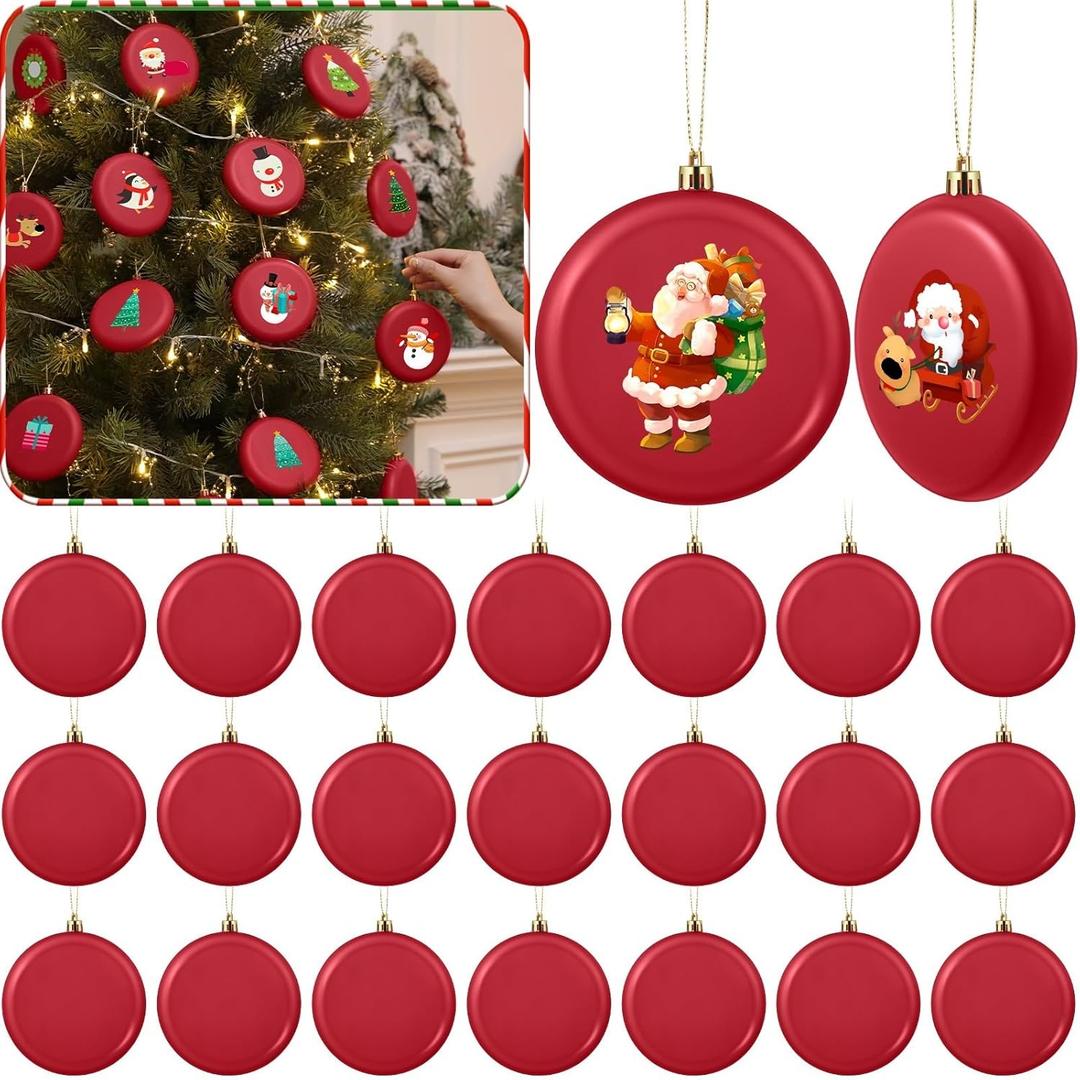 24 Pcs 4 Inch DIY Christmas Ornaments Red Blank Ball Ornament Xmas Plastic Matte Flat Discs Christmas Tree Hanging Ornament Decorations DIY Crafts Painting Drawing Stickers Decals